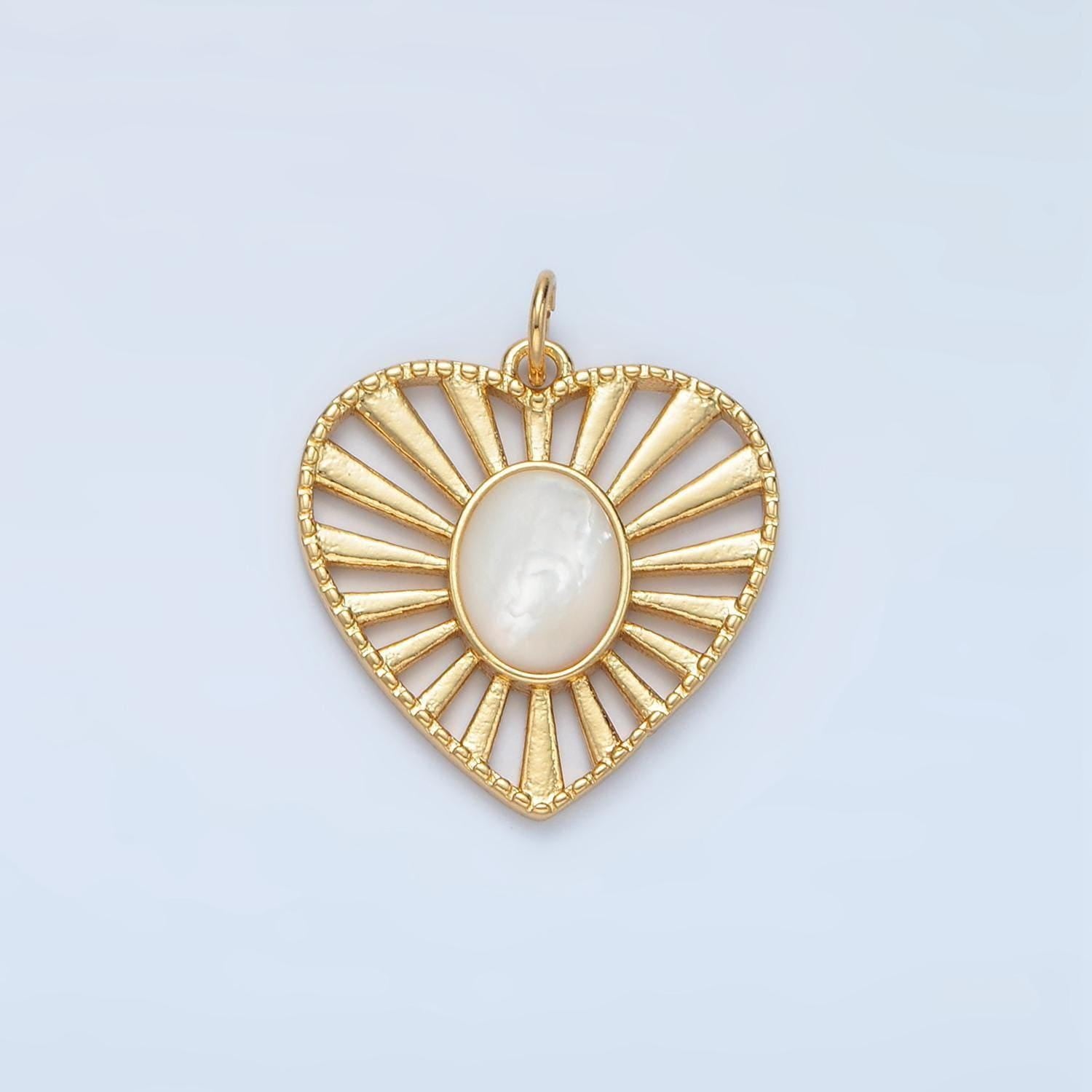 Dainty gold radiant heart pendant 24k gold filled shell pearl sunburst love heart token charm | x304