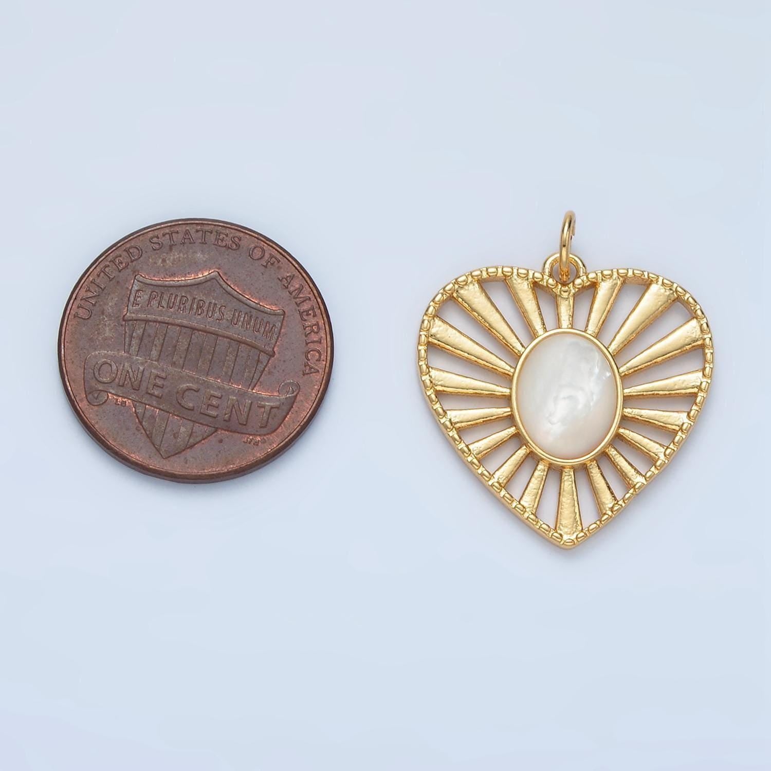 Dainty gold radiant heart pendant 24k gold filled shell pearl sunburst love heart token charm | x304