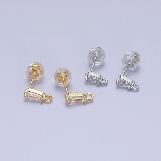 Tiny baguette cz cubic earring post w/ open link, nickel free 9x3mm design 16k gold plated brass, cz, earring making post 1 pair z176