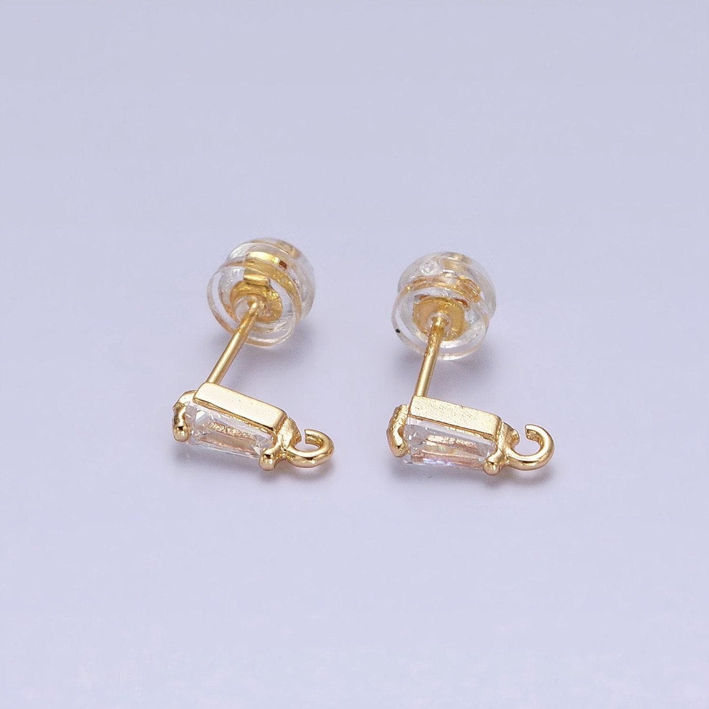 Tiny baguette cz cubic earring post w/ open link, nickel free 9x3mm design 16k gold plated brass, cz, earring making post 1 pair z176