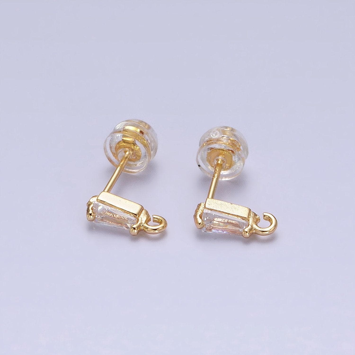 Tiny baguette cz cubic earring post w/ open link, nickel free 9x3mm design 16k gold plated brass, cz, earring making post 1 pair z176