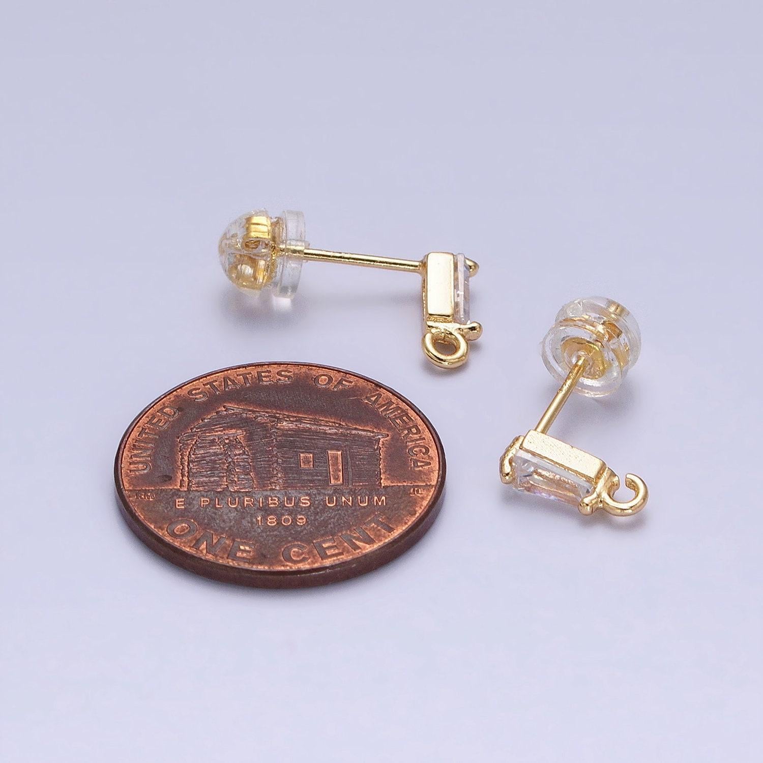 Tiny baguette cz cubic earring post w/ open link, nickel free 9x3mm design 16k gold plated brass, cz, earring making post 1 pair z176