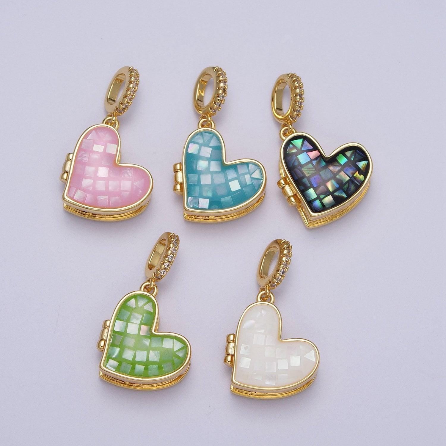 Gold heart pendant marian cross abalone, green, pink, white, shell opal love locket pendant h-106
