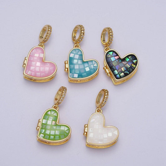 Gold heart pendant marian cross abalone, green, pink, white, shell opal love locket pendant h-106