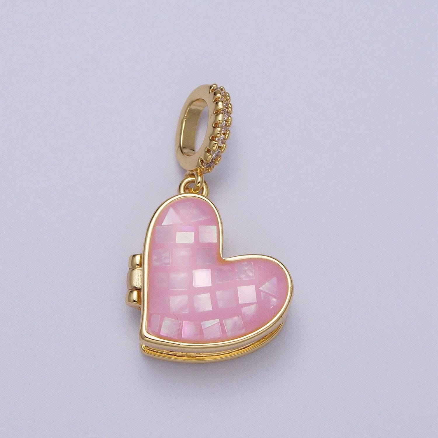 Gold heart pendant marian cross abalone, green, pink, white, shell opal love locket pendant h-106
