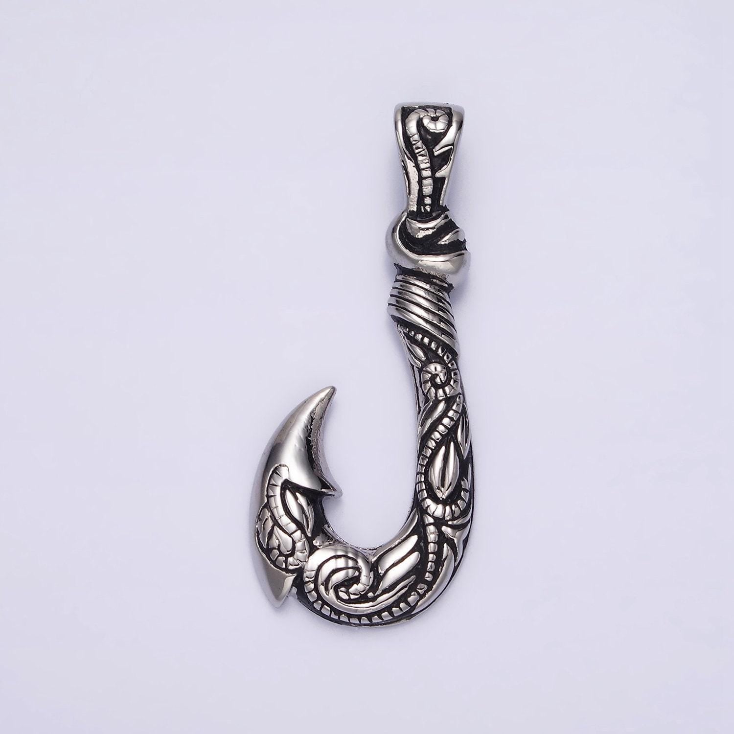 Stainless steel 47mm fish j-hook vine engraved pendant in silver & gold | p779