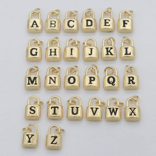 Dainty gold filled padlock letter charms letter initial lock pendant personalized charm for bracelet necklace earring supply, a-822-a