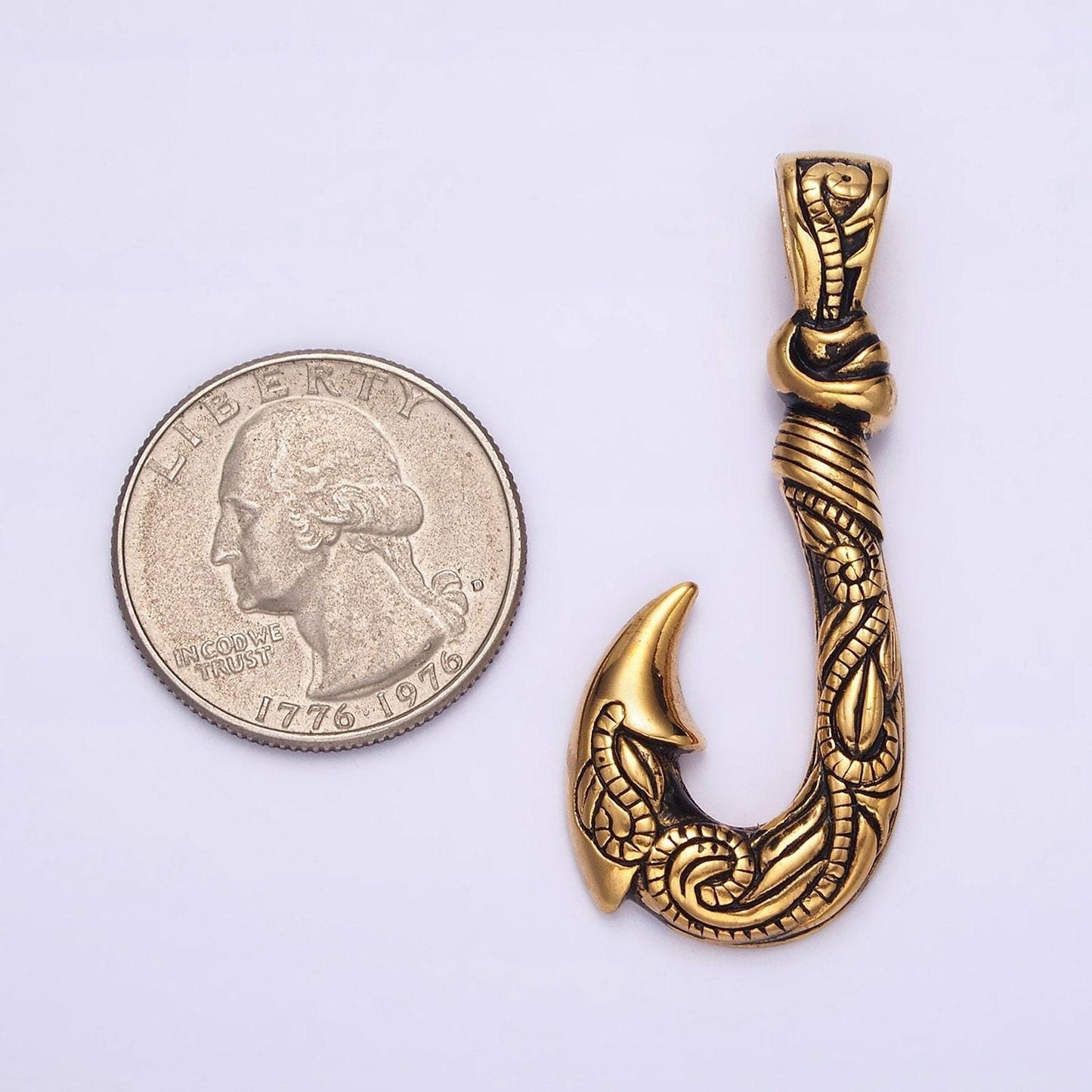 Stainless steel 47mm fish j-hook vine engraved pendant in silver & gold | p779