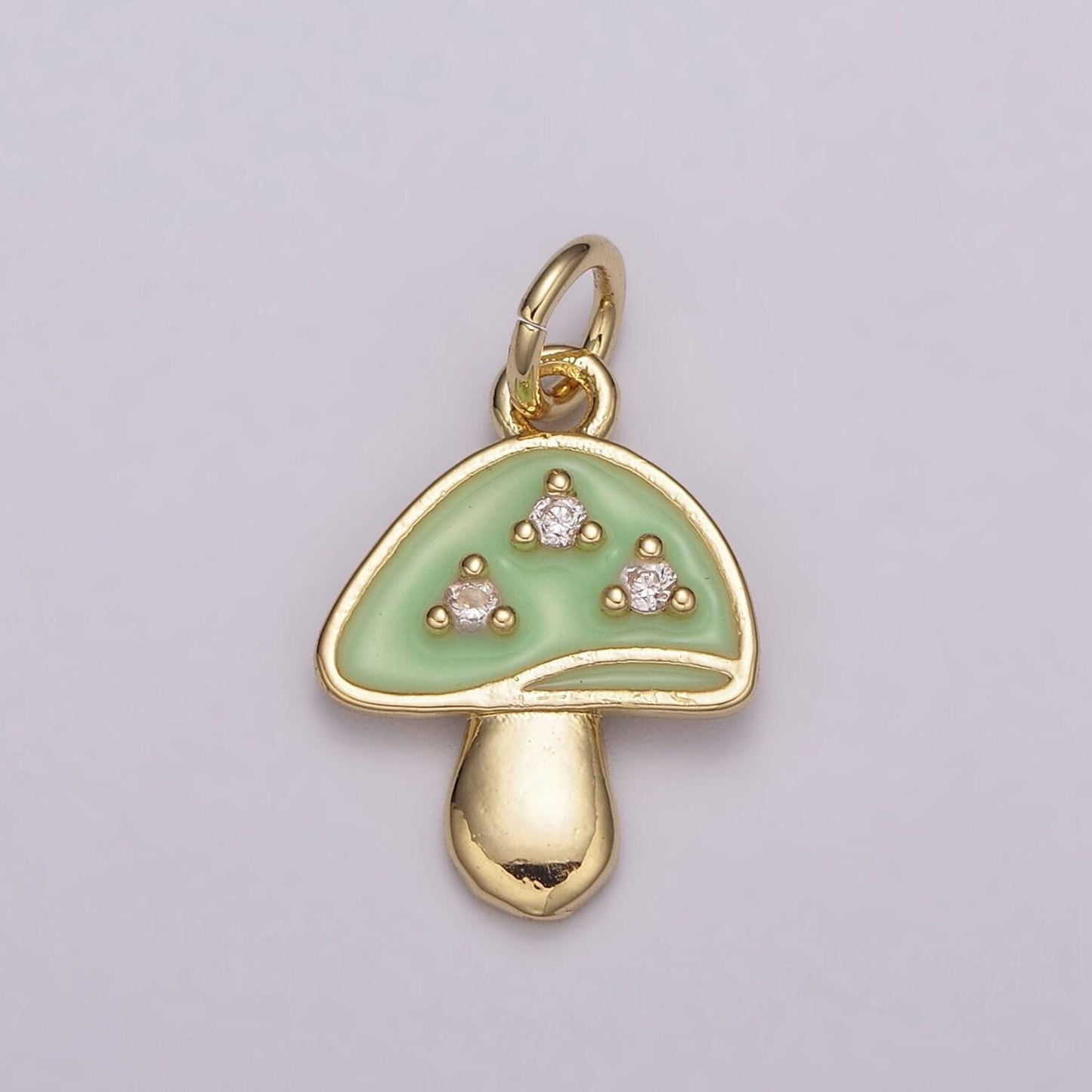 Dainty gold cz mushroom charms, 24k gold plated clear micro paved cz colorful enamel magic mushroom pendant | e-619~e-623