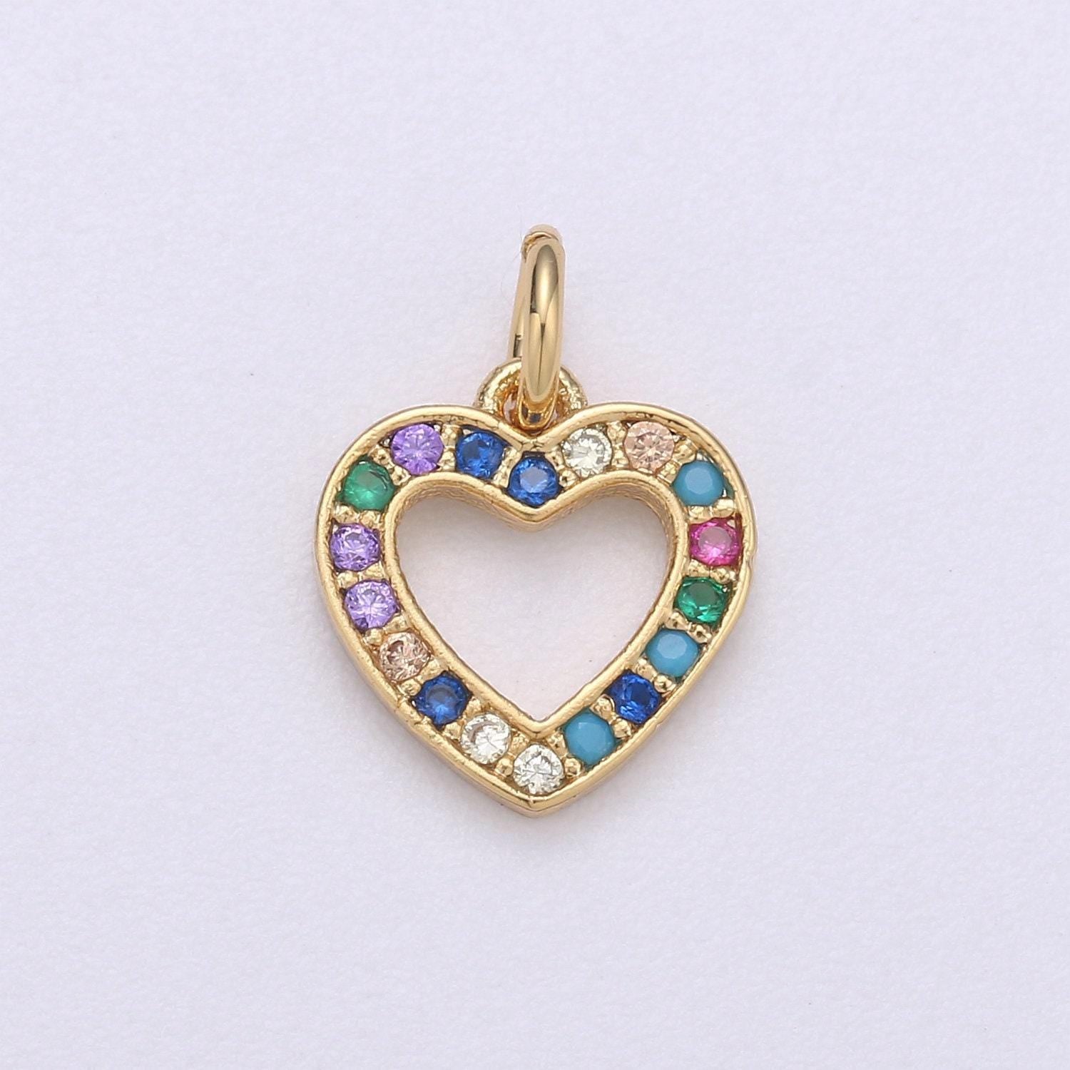 14k gold heart charm micro pave love charm, rainbow cubic charms, cz gold colorful charm, dainty minimalist jewelry supply