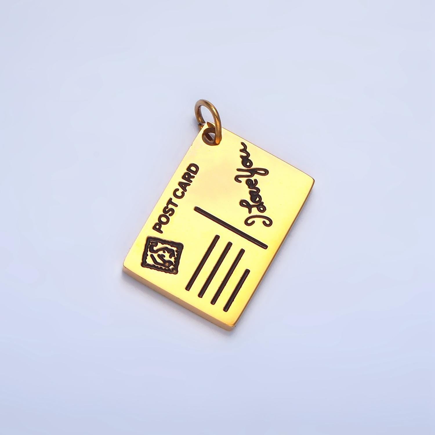 Scripted "i love you" post card black enamel out-line, stainless steel travel charm | p-1342