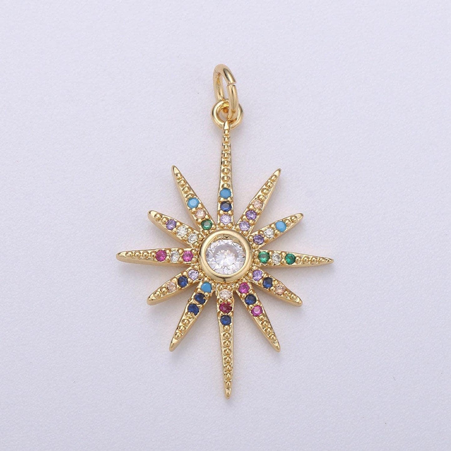 Gold starburst charm micro pave star charm, rainbow cubic charms, cz gold celestial charm, dainty minimalist jewelry supply, c-469