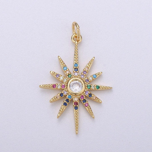 Gold starburst charm micro pave star charm, rainbow cubic charms, cz gold celestial charm, dainty minimalist jewelry supply, c-469