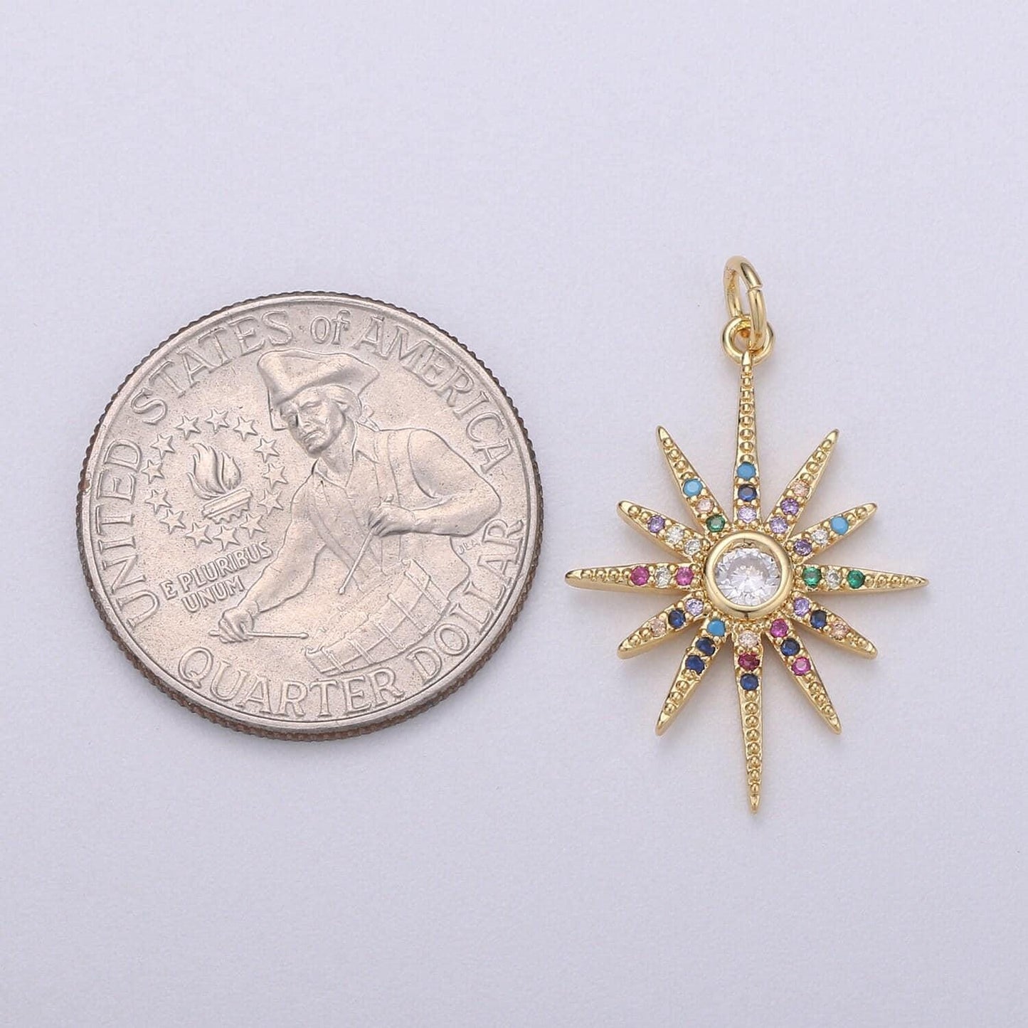Gold starburst charm micro pave star charm, rainbow cubic charms, cz gold celestial charm, dainty minimalist jewelry supply, c-469