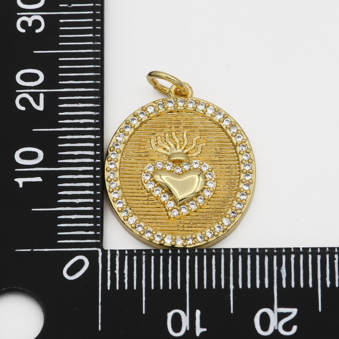 Round sacred heart, milagro heart charm necklace, medallion gold heart pendant, catholic religious jewelry making supply