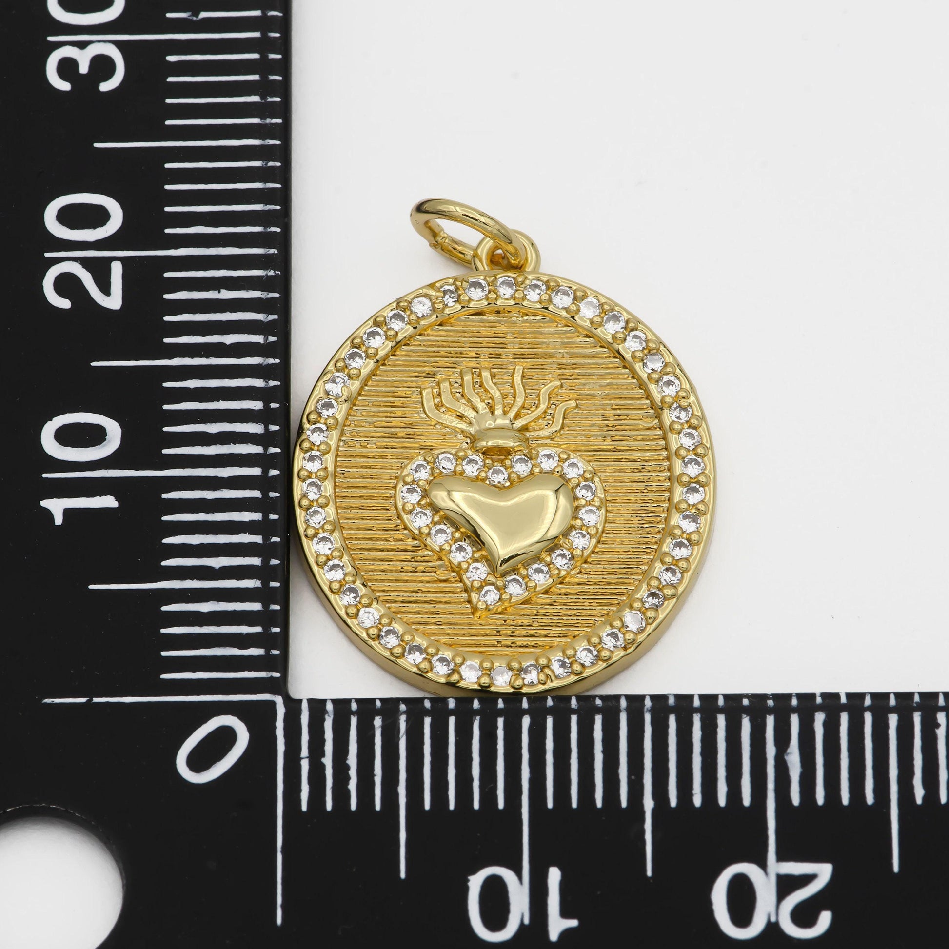 Round sacred heart, milagro heart charm necklace, medallion gold heart pendant, catholic religious jewelry making supply