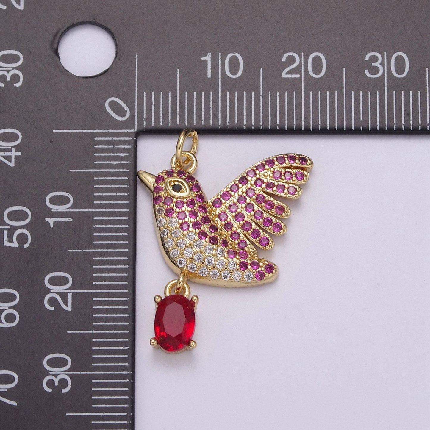 Red micro pave gold starling charm 24k gold filled love bird pendant 28.9mm x 20.7mm red cz gold jewelry for necklace earring | c-203