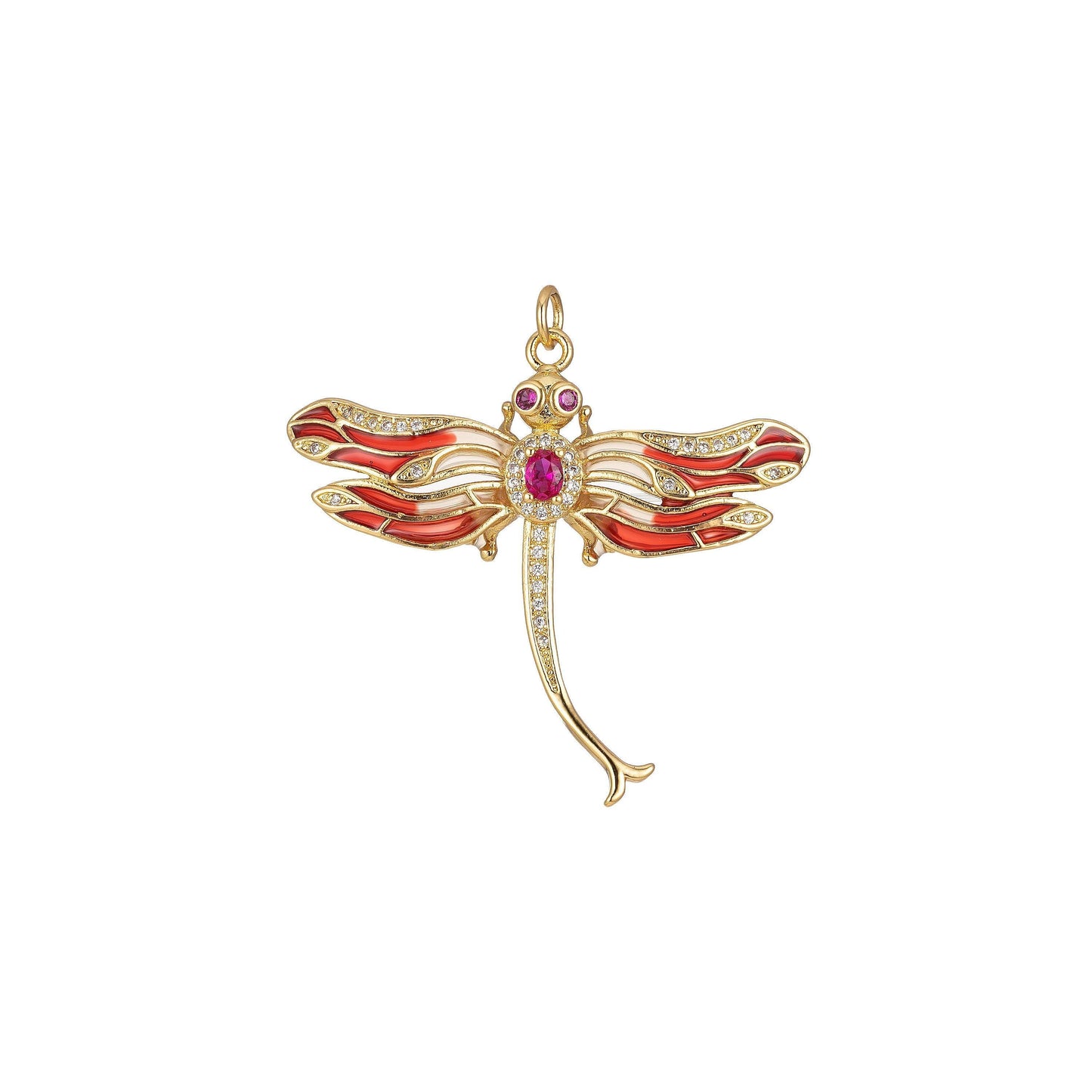Red dragonfly pendant - large dragon fly charm- cubic animal pendant - gold dragon fly pendant for necklace earring supply
