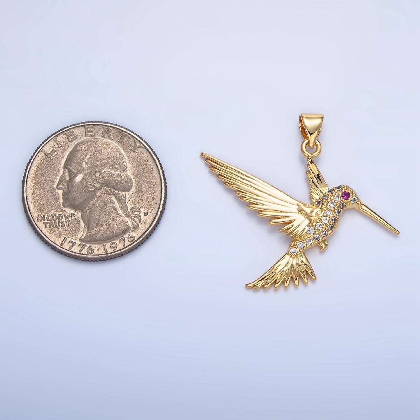 Micro paved cz fuchsia eye hummingbird gold filled animal charm | aa-782