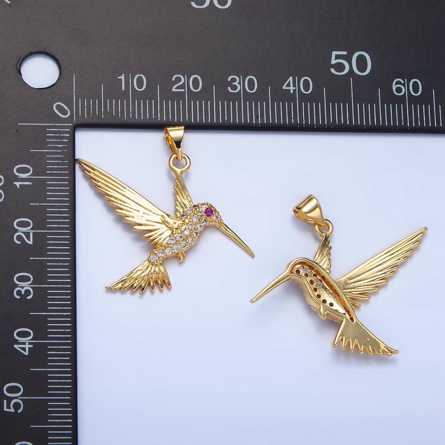 Micro paved cz fuchsia eye hummingbird gold filled animal charm | aa-782