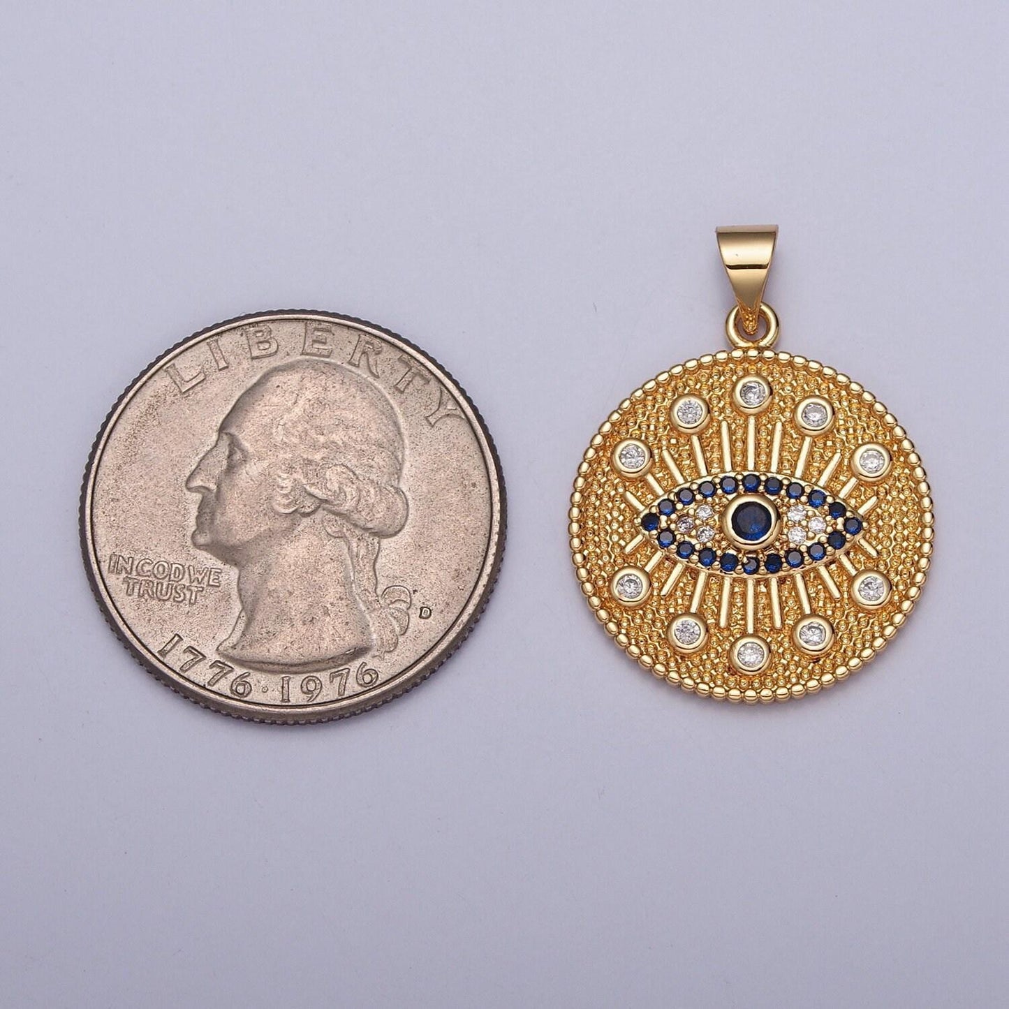 24k gold micro pave round coin blue cz evil eye pendant, greek eye micro pave cz charm for diy jewelry | h-688