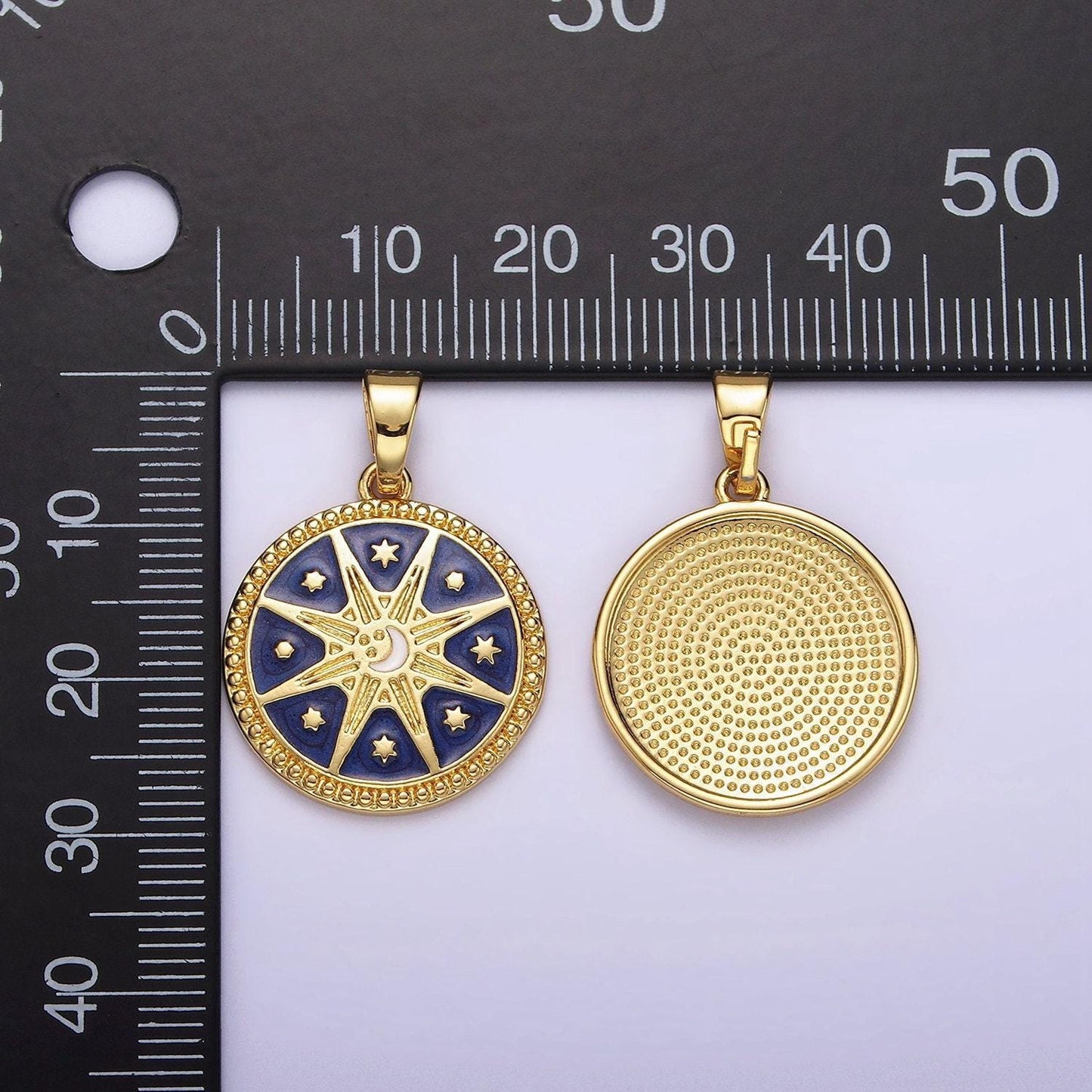 14k gold filled celestial sun star crescent moon blue dotted outline round pendant medallion charm for jewelry making | ah050
