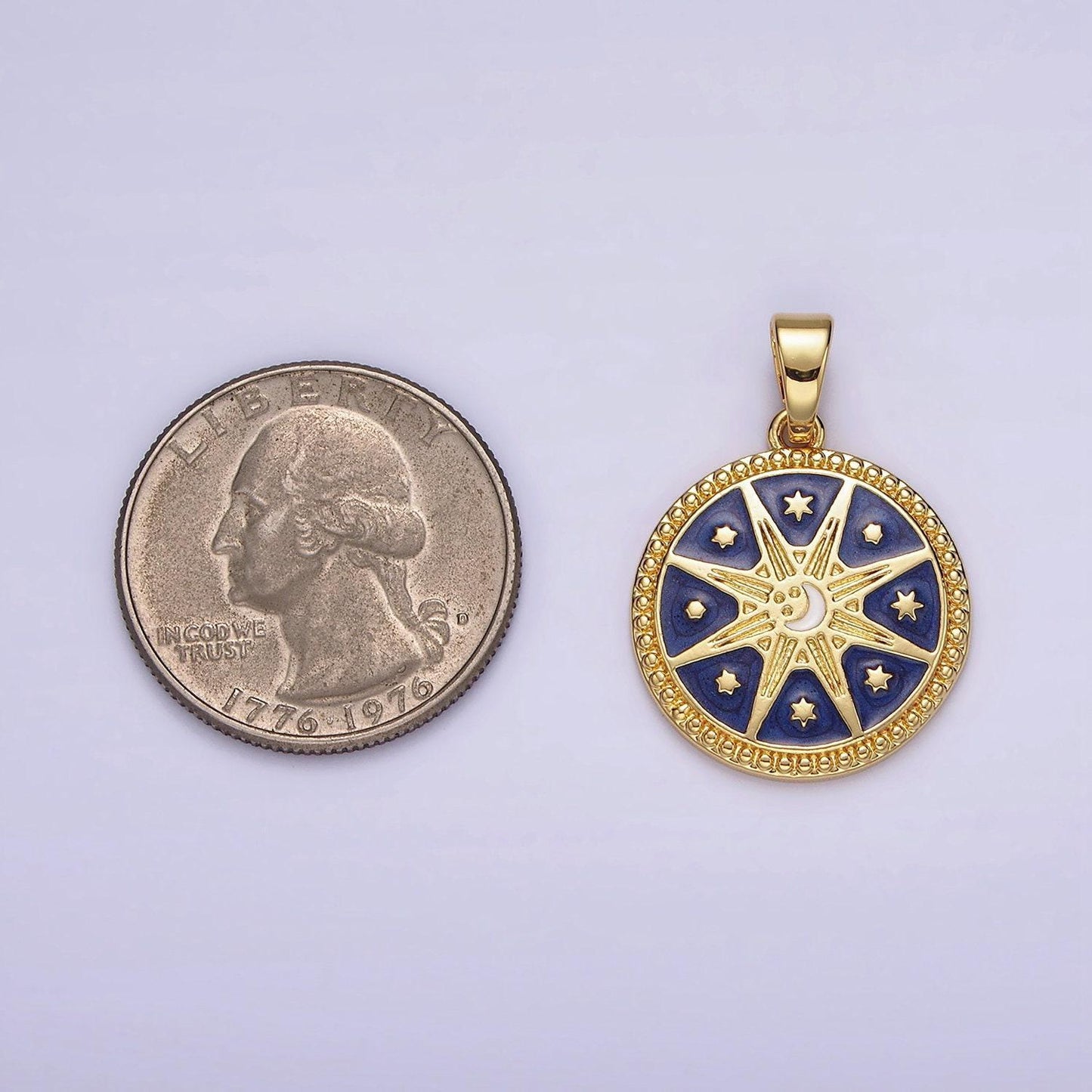 14k gold filled celestial sun star crescent moon blue dotted outline round pendant medallion charm for jewelry making | ah050