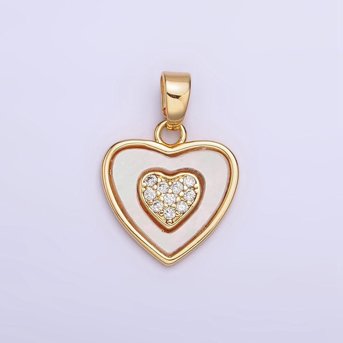 24k gold filled double heart micro paved cz shell pearl pendant | aa572