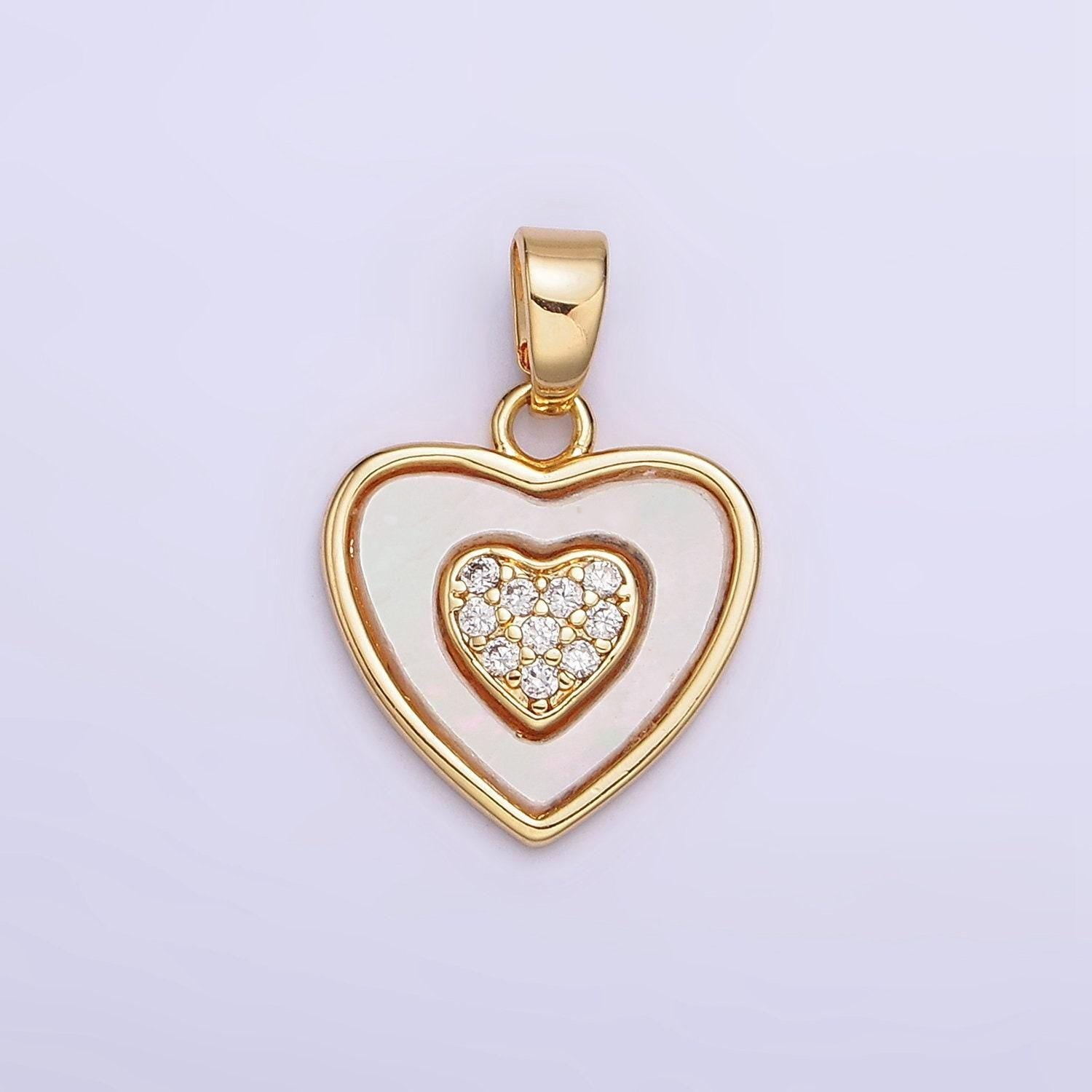 24k gold filled double heart micro paved cz shell pearl pendant | aa572