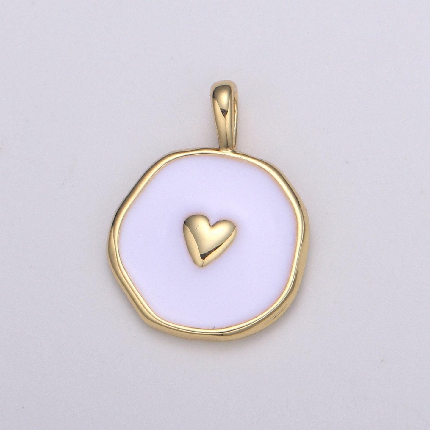 1pc gold white enamel heart charms, golden heart charm in round disc charm medallion for necklace, paint my heart diy craft, e-189