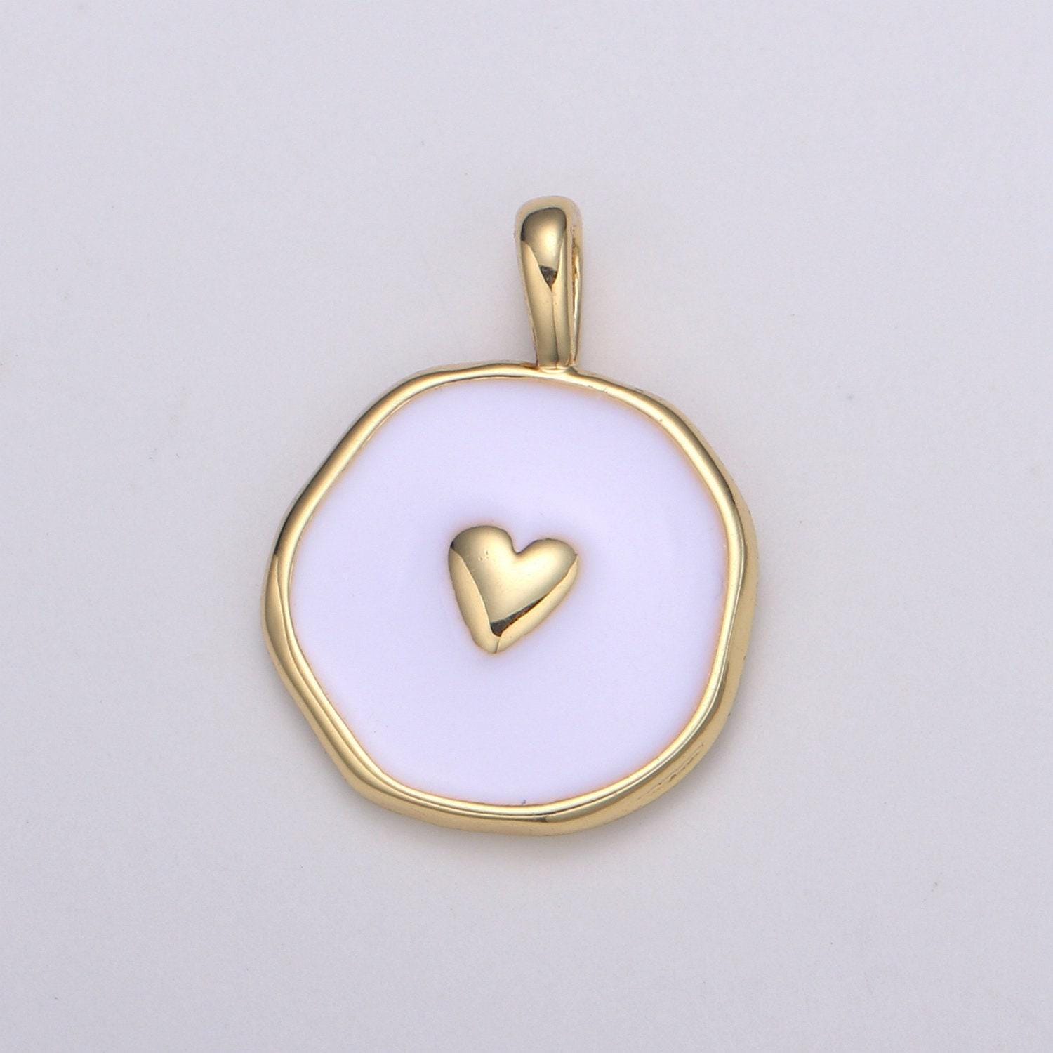 1pc gold white enamel heart charms, golden heart charm in round disc charm medallion for necklace, paint my heart diy craft, e-189