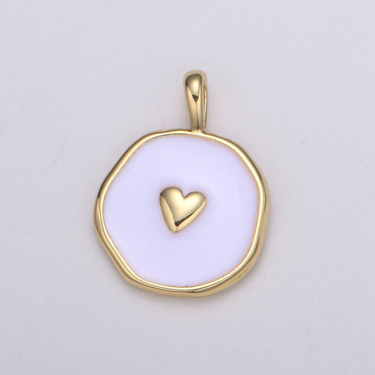 1pc gold white enamel heart charms, golden heart charm in round disc charm medallion for necklace, paint my heart diy craft, e-189