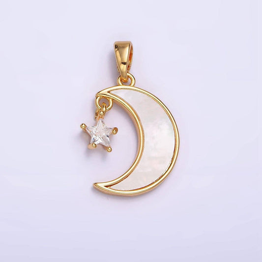 24k gold filed celestial crescent moon shell pearl star cz pendant | aa587