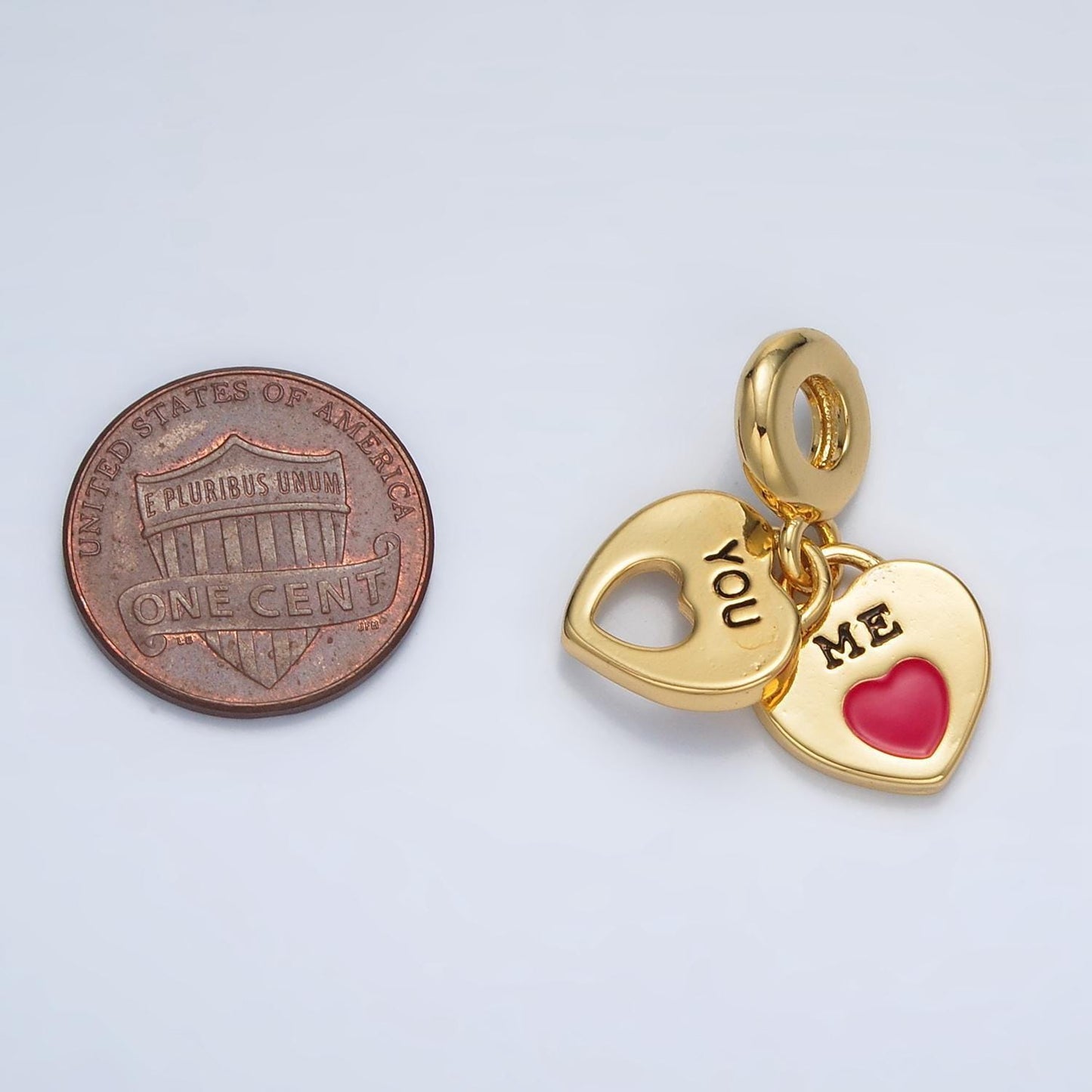 24k gold filled lovers hearts 'me & you' padlock, rondelle bail drop pendant | ac-092