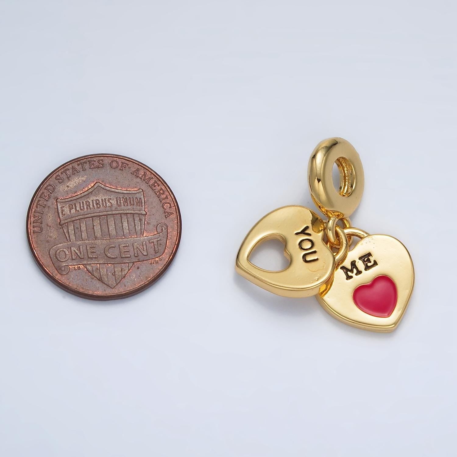 24k gold filled lovers hearts 'me & you' padlock, rondelle bail drop pendant | ac-092