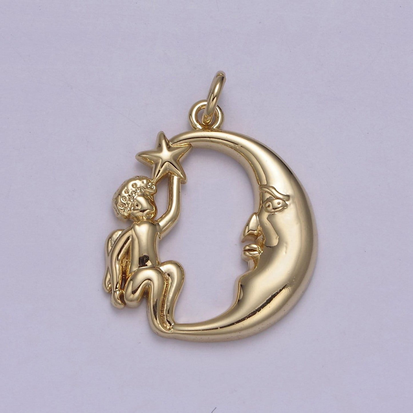 Dainty crescent moon with angel holding star pendant medallion | diy jewelry charm necklace bracelet earring | n-848