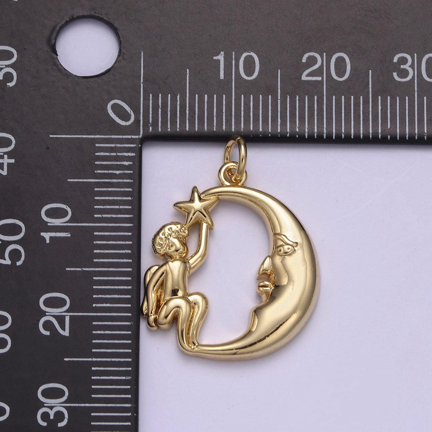Dainty crescent moon with angel holding star pendant medallion | diy jewelry charm necklace bracelet earring | n-848
