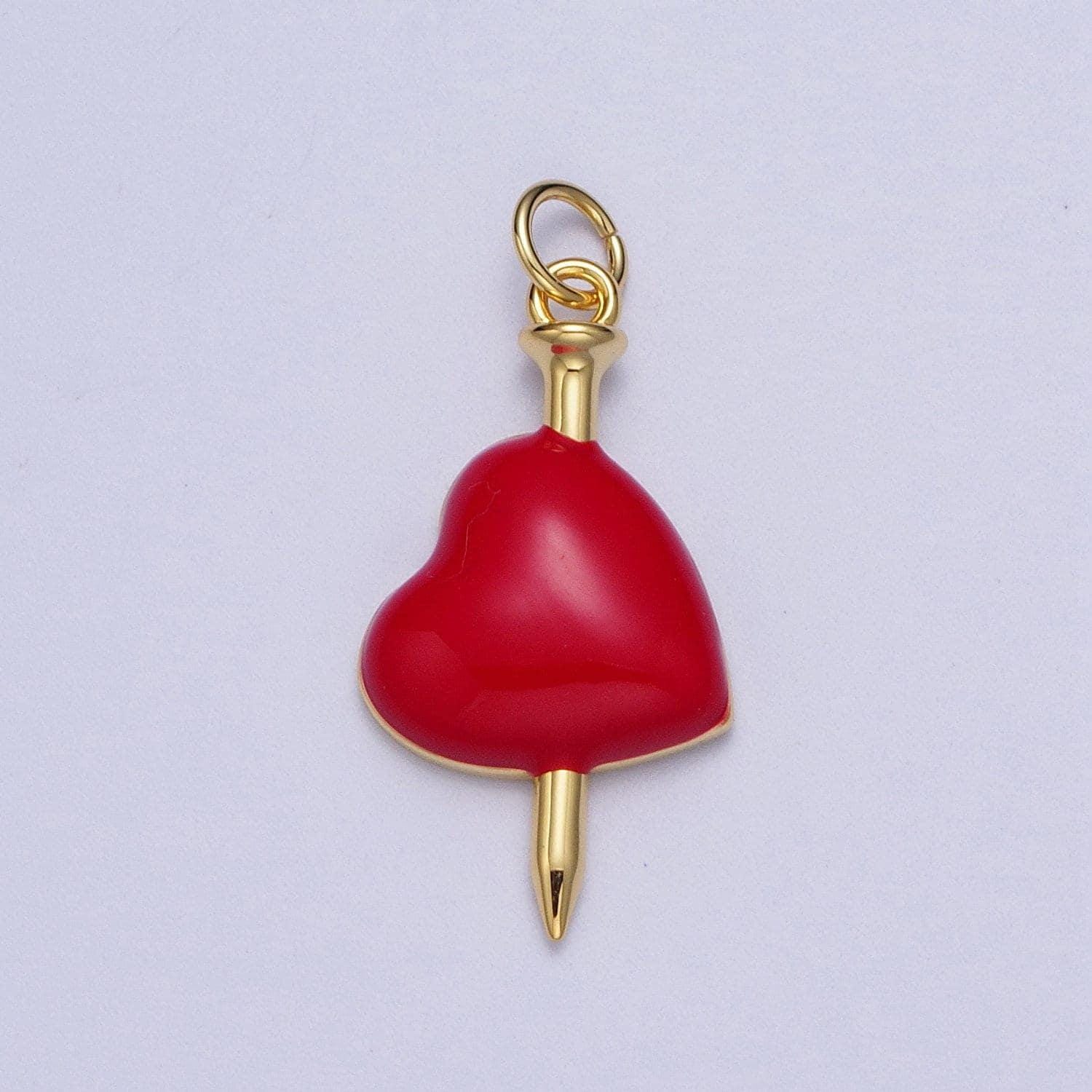 Gold nail through red heart pendant, 24k gold filled nail pendant w. red enamel heart | x-731