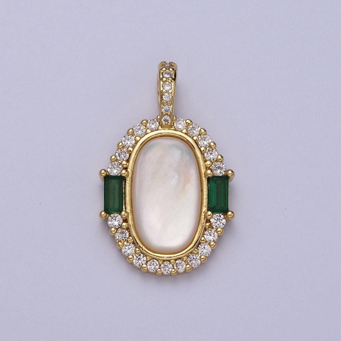 Oval pearl pendant micro pave oval geometric charm in 14k gold filled with emerald green cz stone for necklace charm supply h396