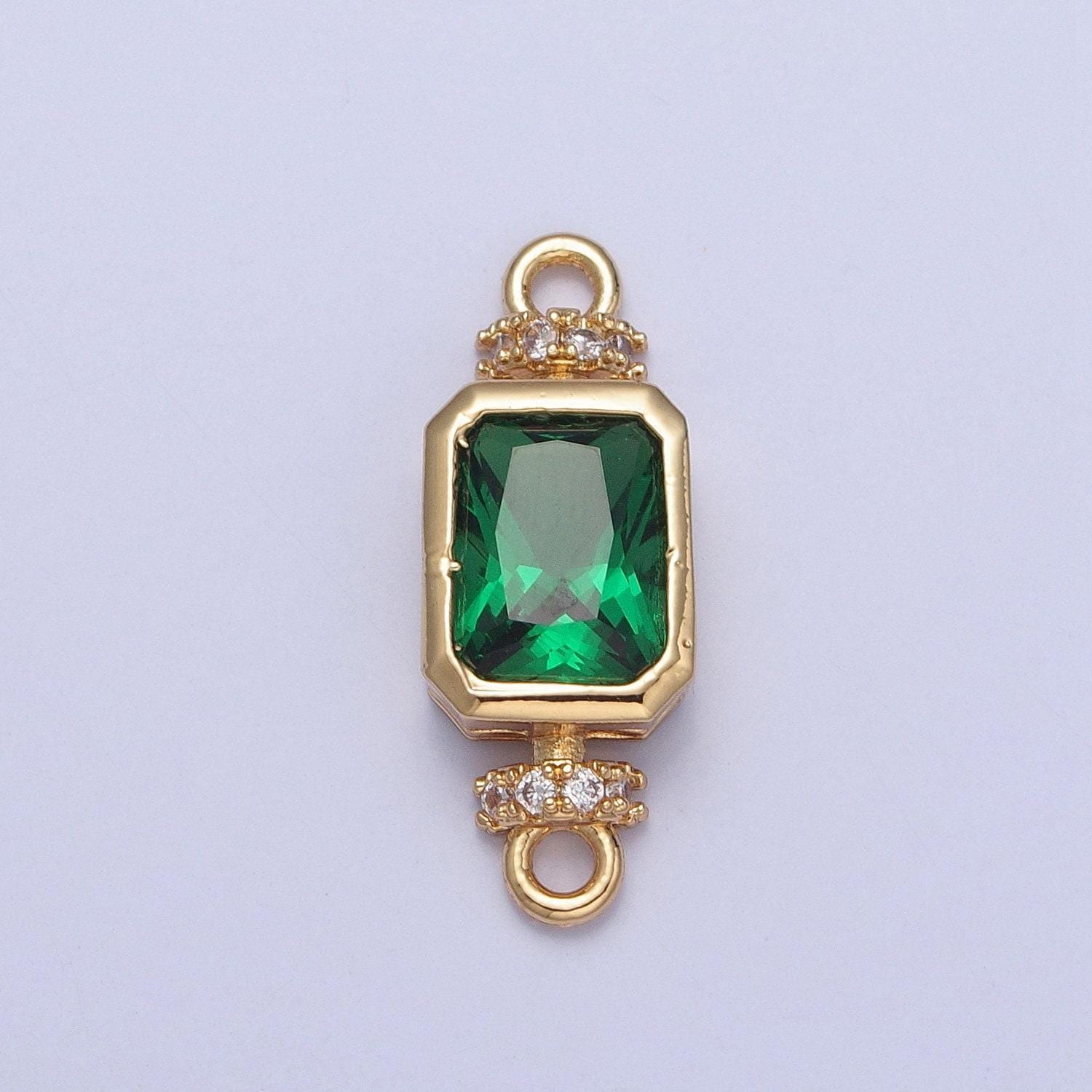 24k gold filled dainty emerald green rectangular medallion royal micro pave cz crown-like charm, bracelet necklace earring findings | g-931