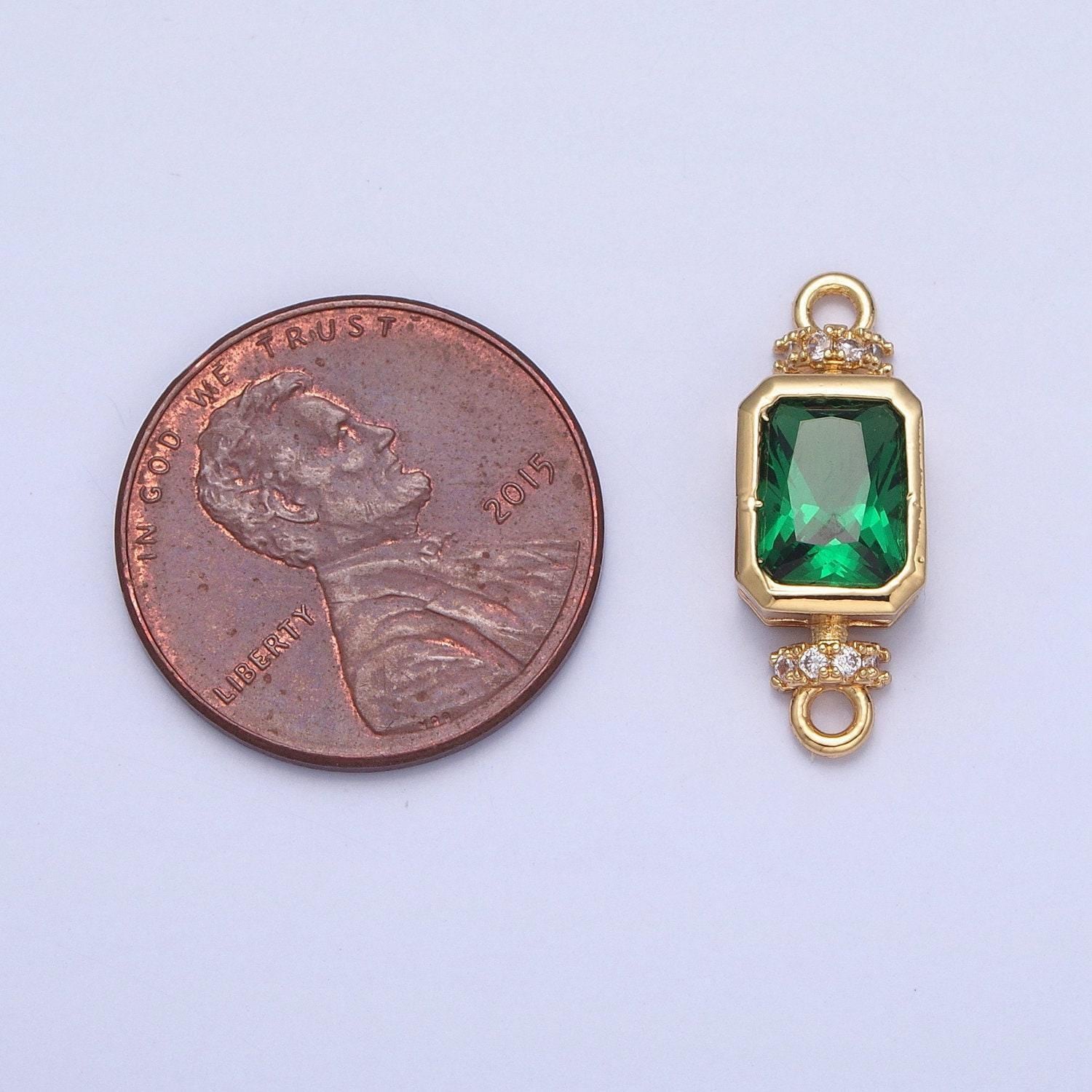 24k gold filled dainty emerald green rectangular medallion royal micro pave cz crown-like charm, bracelet necklace earring findings | g-931