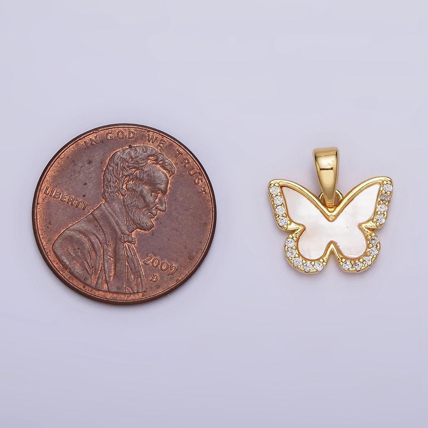 24k gold filled shell pearl micro paved cz butterfly wings pendant | aa582