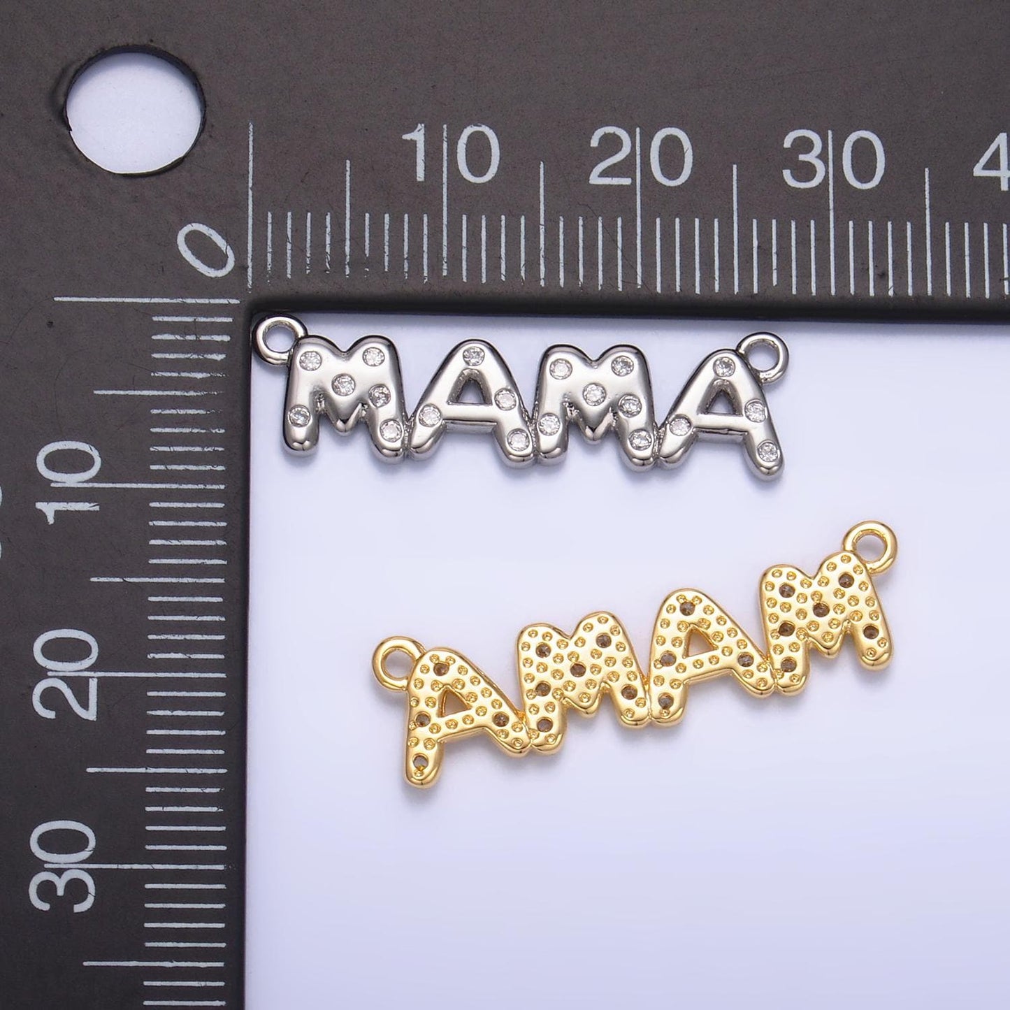 24K Gold Filled Mama Bubble Charm Connector CZ Silver Mama Script Sideway Link Connector for Bracelet Necklace Component Add on Charm | F865