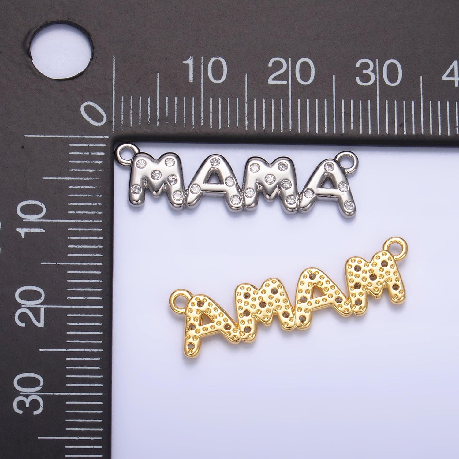 24K Gold Filled Mama Bubble Charm Connector CZ Silver Mama Script Sideway Link Connector for Bracelet Necklace Component Add on Charm | F865