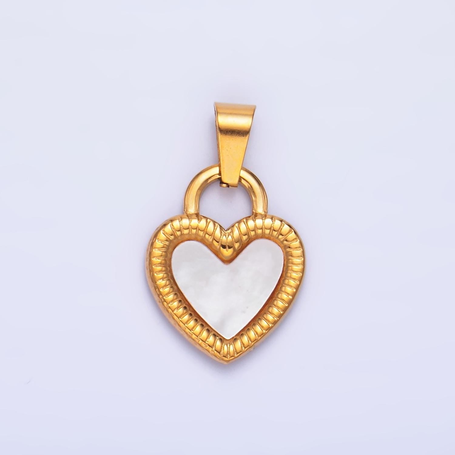 Gold Stainless Steel White Shell Pearl Heart Charm Rope Line-Textured Heart Lock Pendant | P-1546