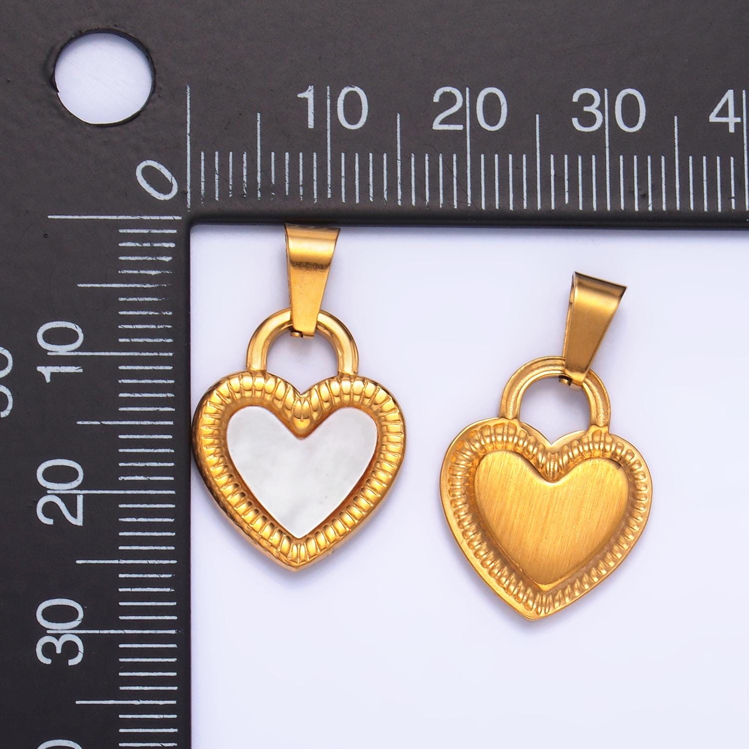 Gold Stainless Steel White Shell Pearl Heart Charm Rope Line-Textured Heart Lock Pendant | P-1546