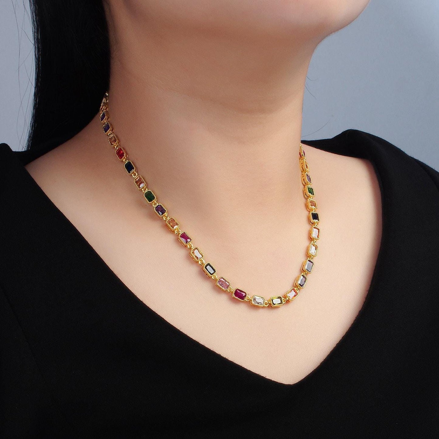 Gold necklace colorful rectangle cz necklace + extender | wa-02556