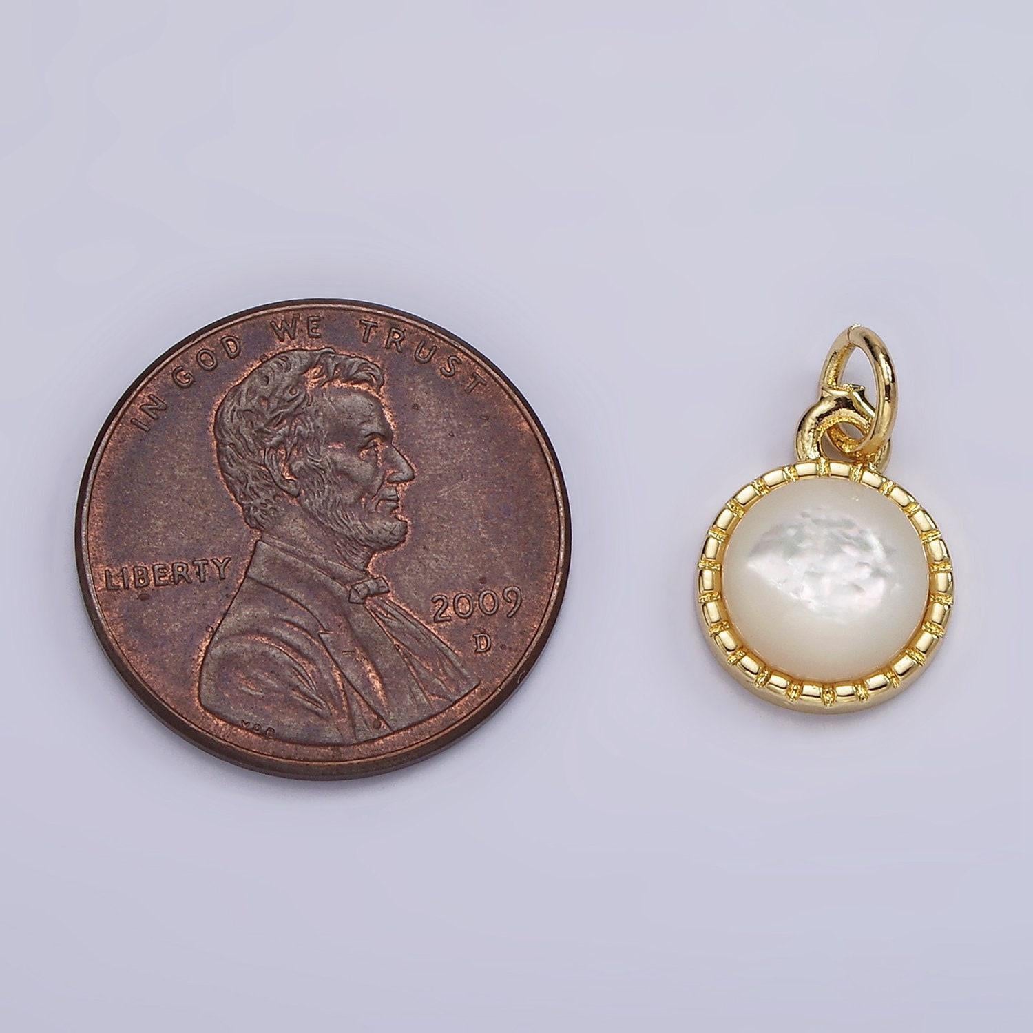 14k gold filled shell pearl dotted bezel round charm | ag543