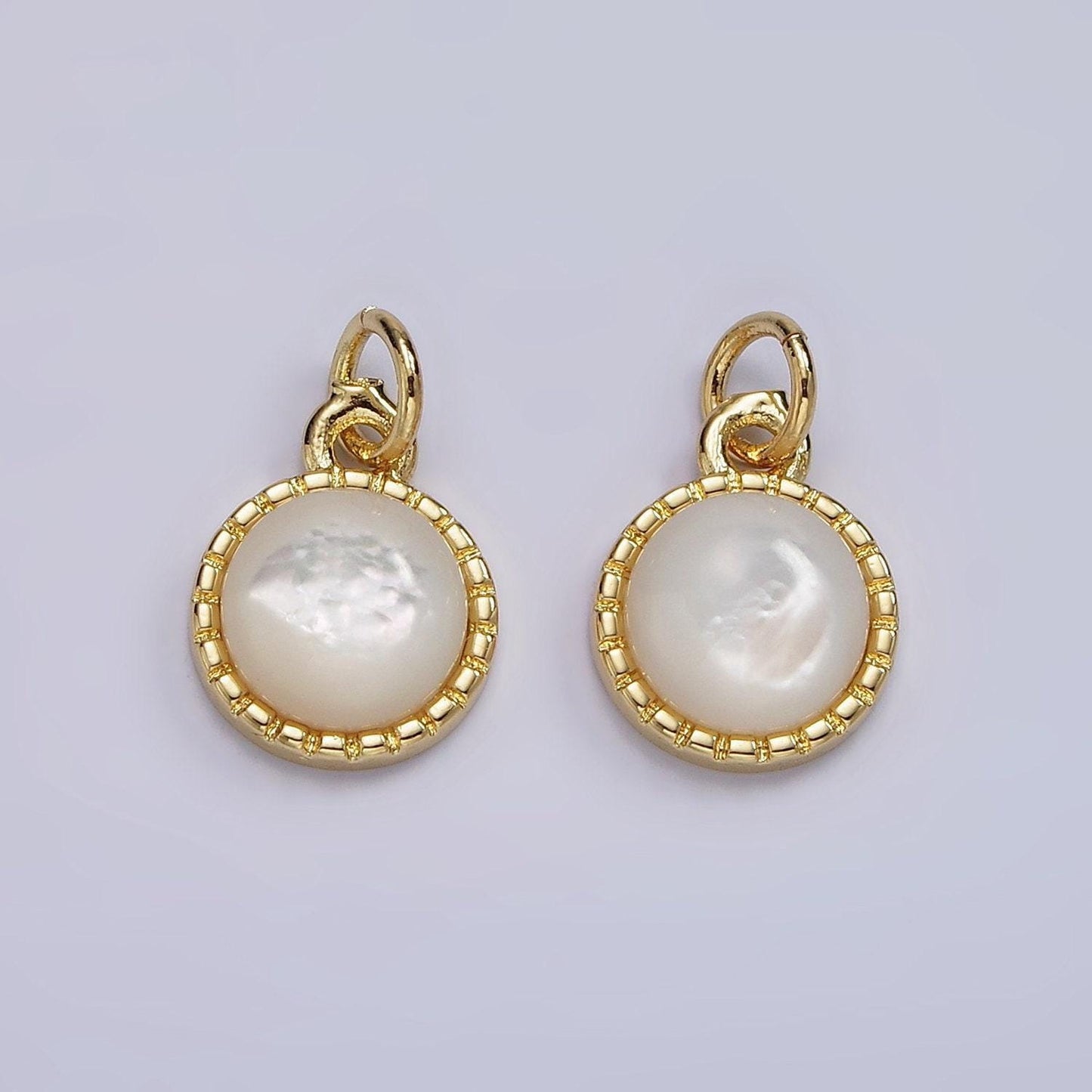 14k gold filled shell pearl dotted bezel round charm | ag543