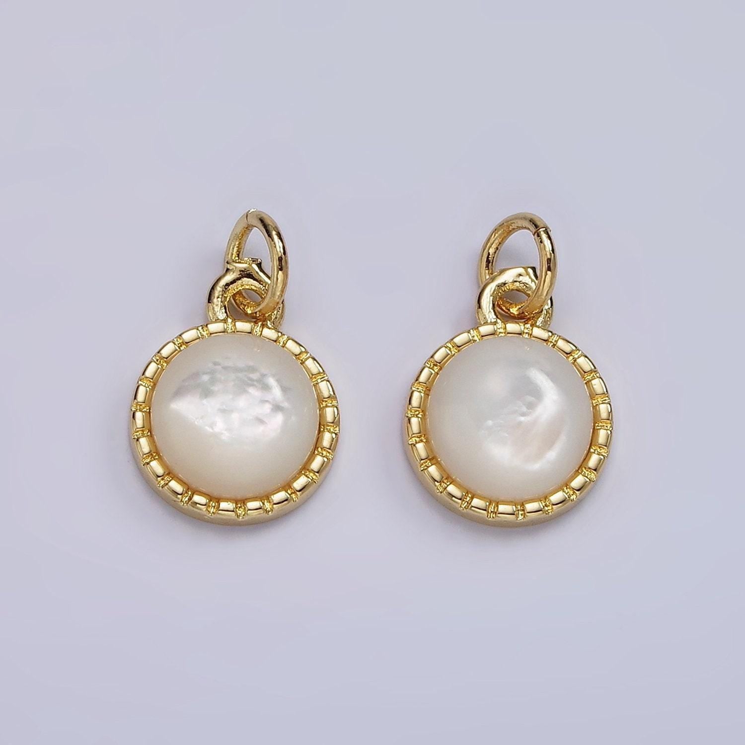 14k gold filled shell pearl dotted bezel round charm | ag543